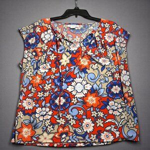 Liz Claiborne Women’s XL V-Neck Floral Blouse – Salmon & Blue Print